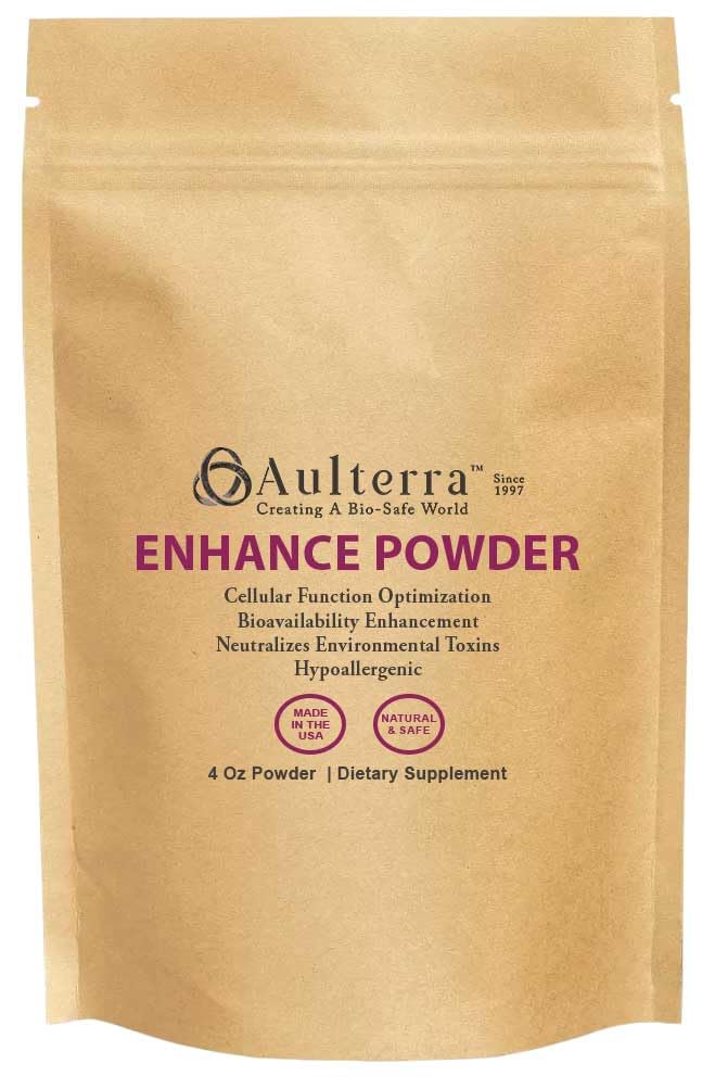 A brown resealable pouch labeled Aulterra Enhance Powder with product details and icons stating it is made in the USA and natural and safe.