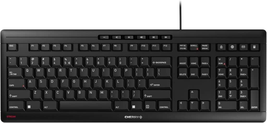 Black wired computer keyboard with media control keys and labeled as CHERRY STREAM at the bottom.