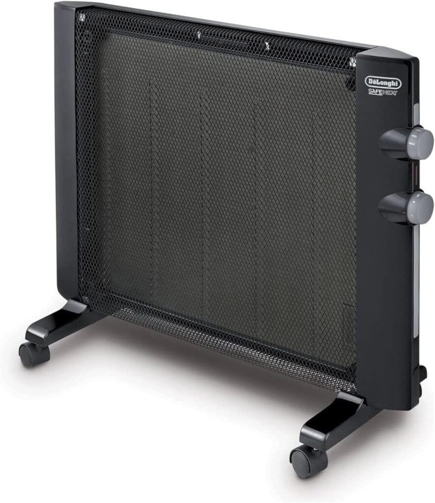 A black DeLonghi space heater on wheels with two control knobs on the side, featuring a mesh front panel.