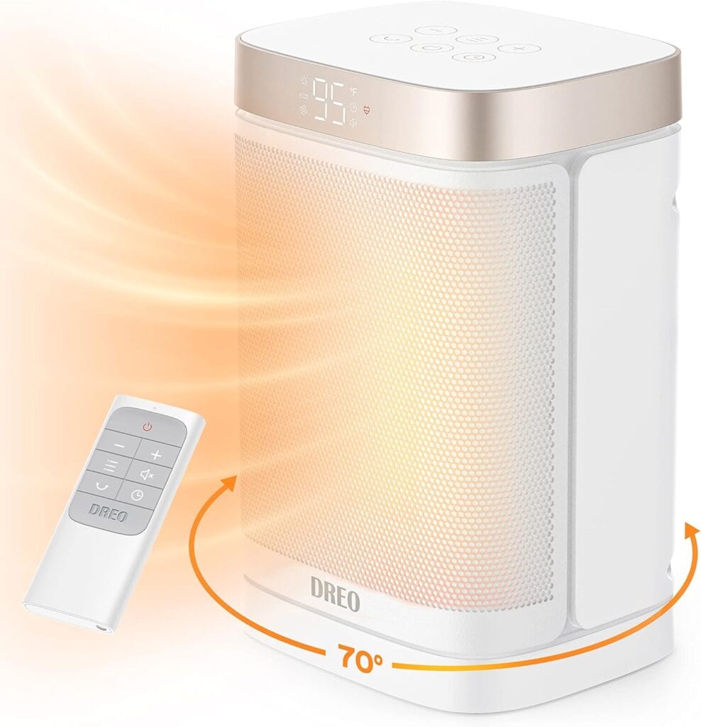 White space heater with digital display and remote control. Heater shows a 70-degree oscillation range and emits orange-colored heat waves.