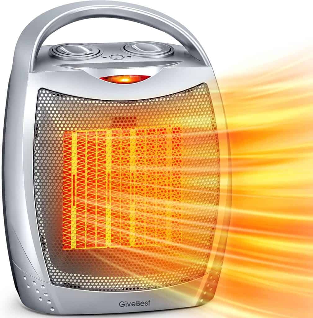 Portable space heater emitting warm air with adjustable control knobs on top and a metal grid at the front.