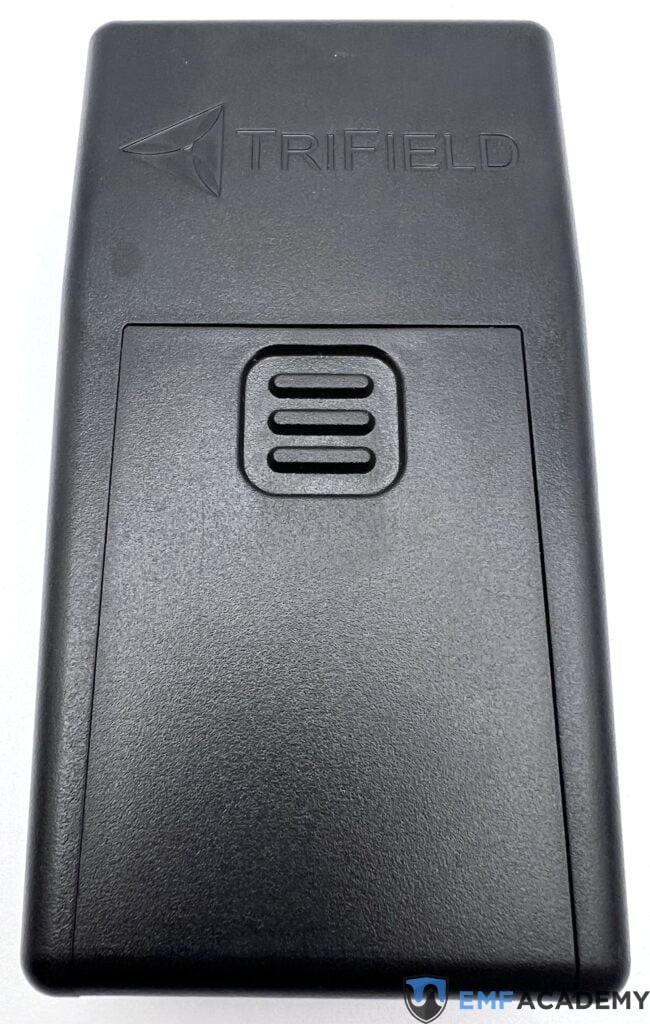 Back of the Trifield TF2 EMF meter with the battery cover plate still on.
