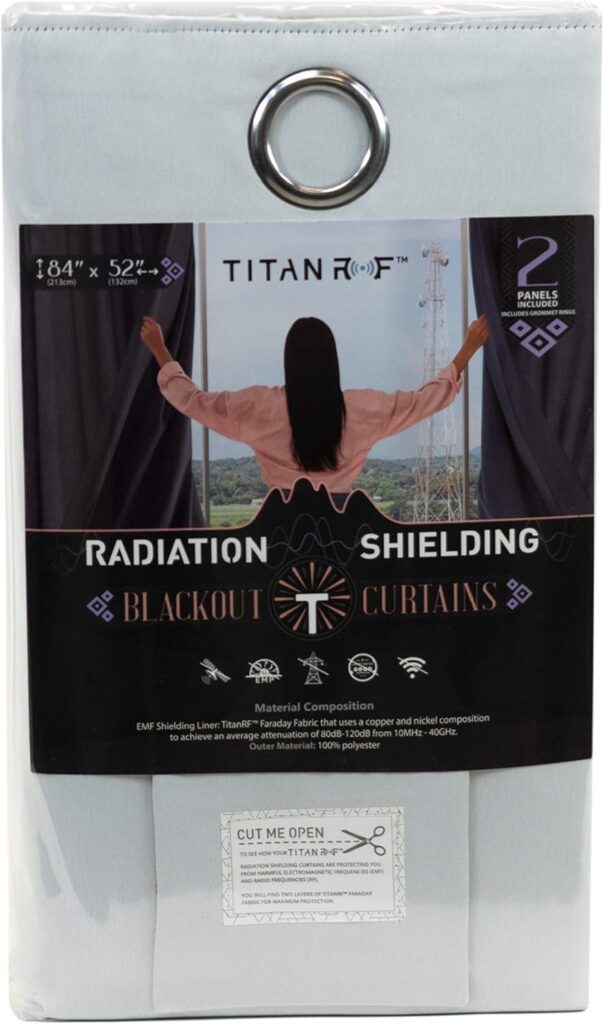 Packaging of Titan RF blackout curtains, featuring radiation shielding and a design with a person opening curtains. Dimensions: 184 x 52, 2 panels included.