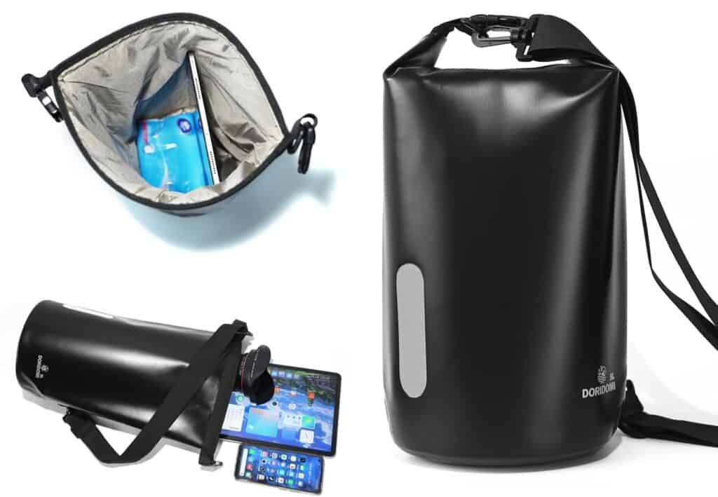 A black waterproof dry bag with a shoulder strap. Image shows the bags interior with a laptop inside and the bag rolled up, demonstrating its water resistance and storage capability.