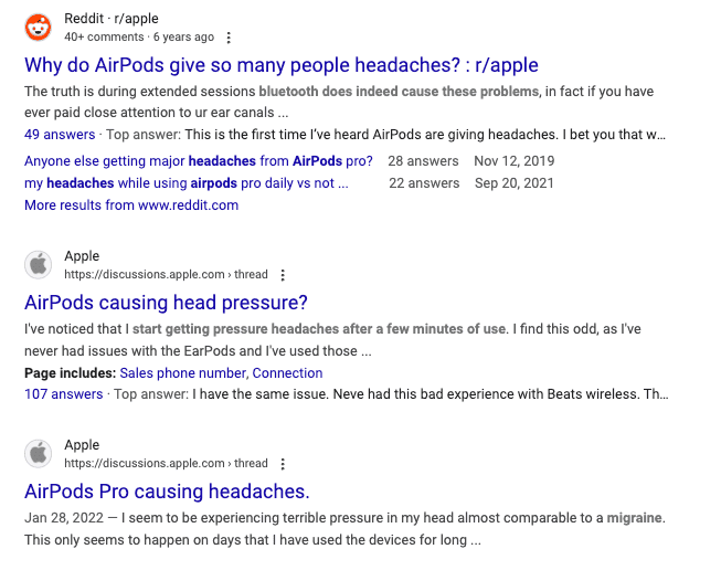 Screenshot showing search results about AirPods causing headaches, with forum posts and user discussions on Reddit and Apple forums describing related experiences.