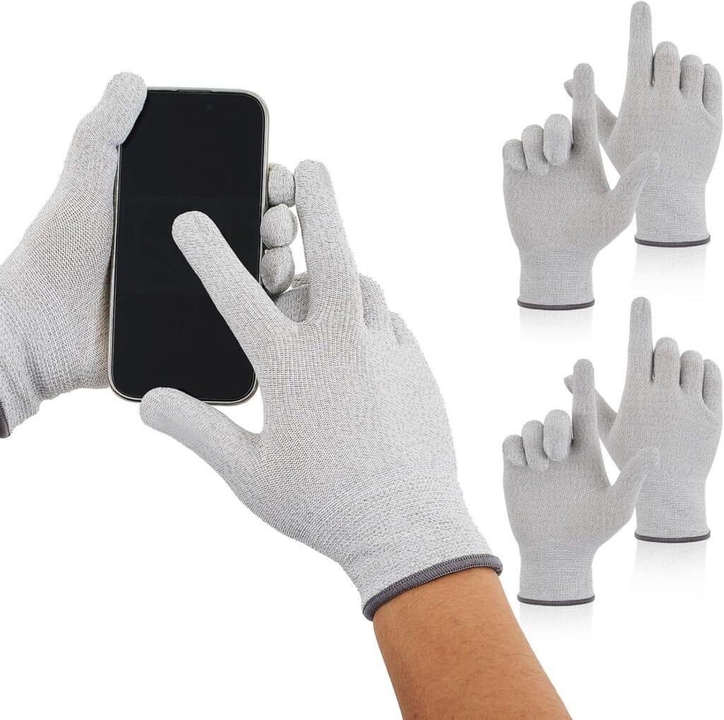 Hands wearing gray touchscreen gloves operating a smartphone, with additional glove views shown on the right side.