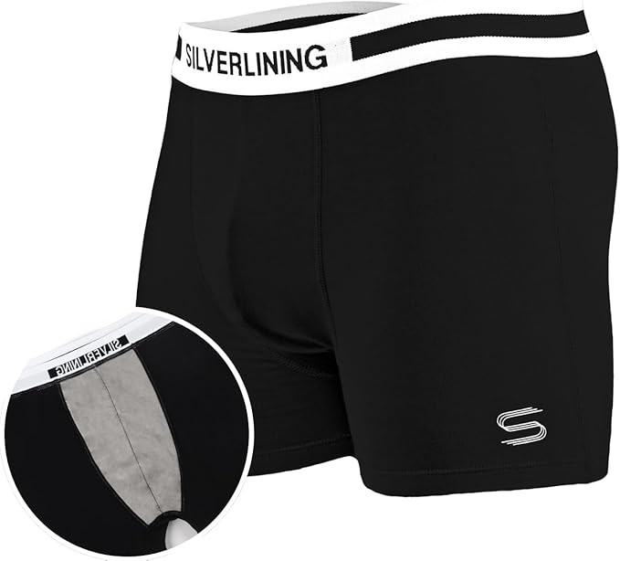 Black mens boxer briefs with a white waistband labeled SILVERLINING. A close-up shows a gray fabric detail.