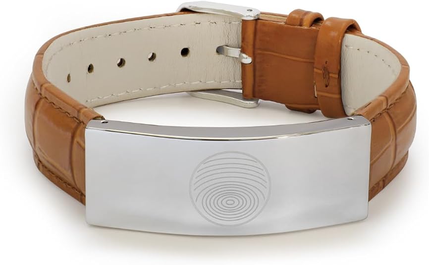 A brown leather wristband with a silver rectangular clasp, featuring a subtle circular pattern on its surface.