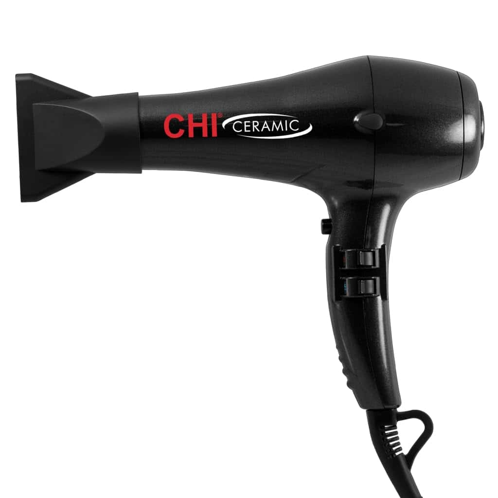 Black CHI Ceramic hairdryer with a concentrator nozzle and adjustable settings.