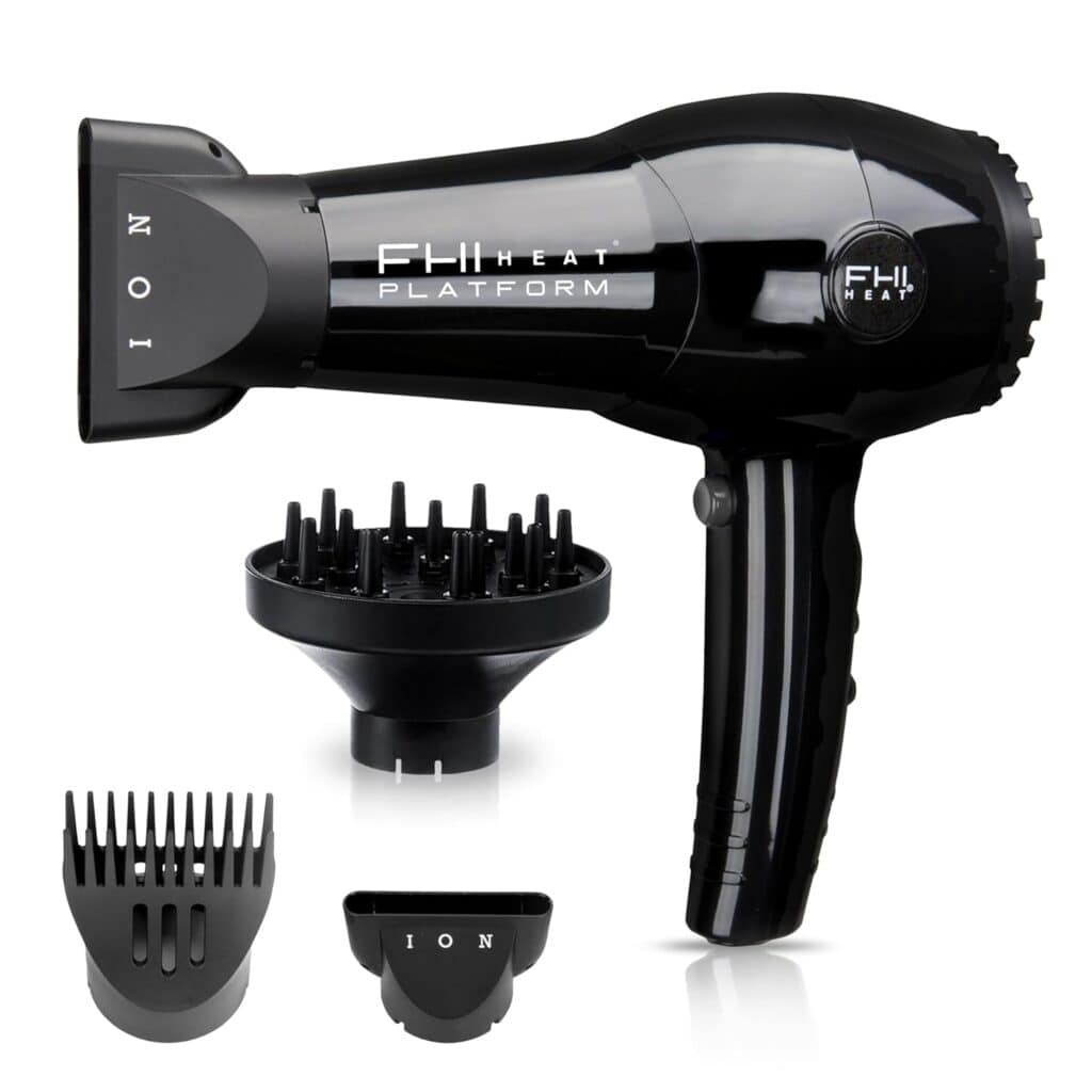 Black FHI Heat hair dryer with three attachments: a diffuser, a comb, and a concentrator nozzle, against a white background.