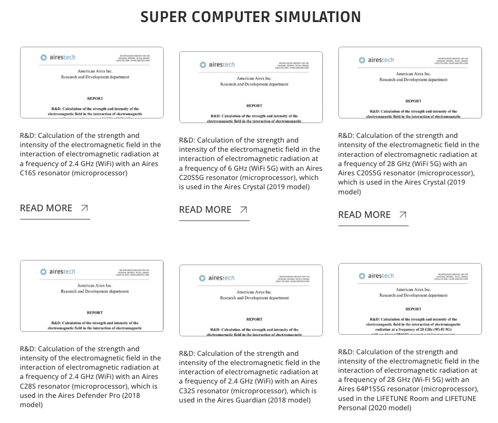 Grid of six research document thumbnails with titles and brief summaries. Topics include electromagnetic field interactions using Aires devices at various frequencies and configurations.