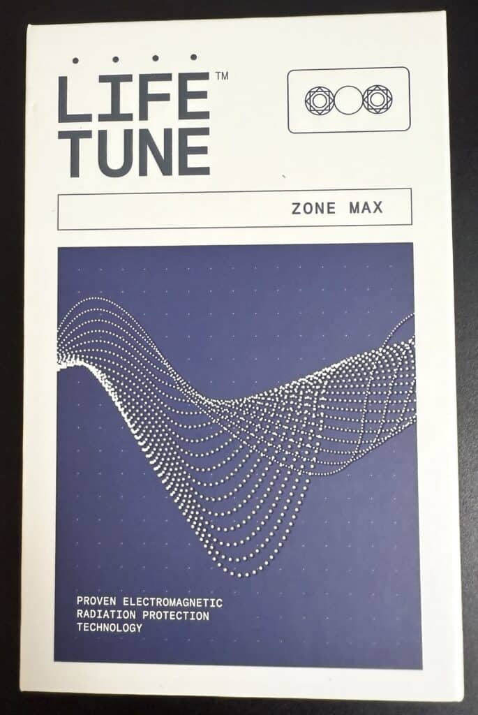 Box labeled LIFE TUNE ZONE MAX with a graphic pattern and text Proven Electromagnetic Radiation Protection Technology on the front.