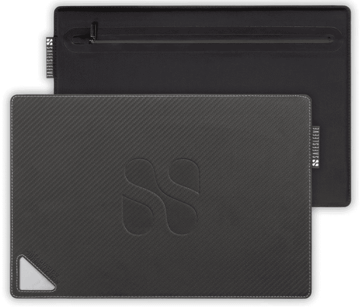 Two black desk pads placed side by side, featuring a subtle textured pattern and a logo on each. The pad on the left has an angled corner detail.