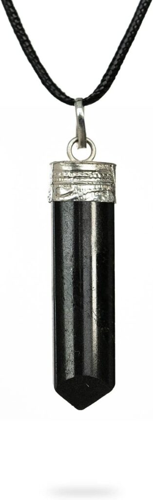 A black crystal pendant with a silver cap hangs from a black cord necklace.