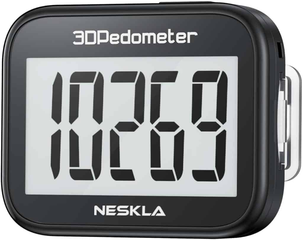 A digital pedometer displaying 10,269 steps, with a black rectangular body and a clip on the side.