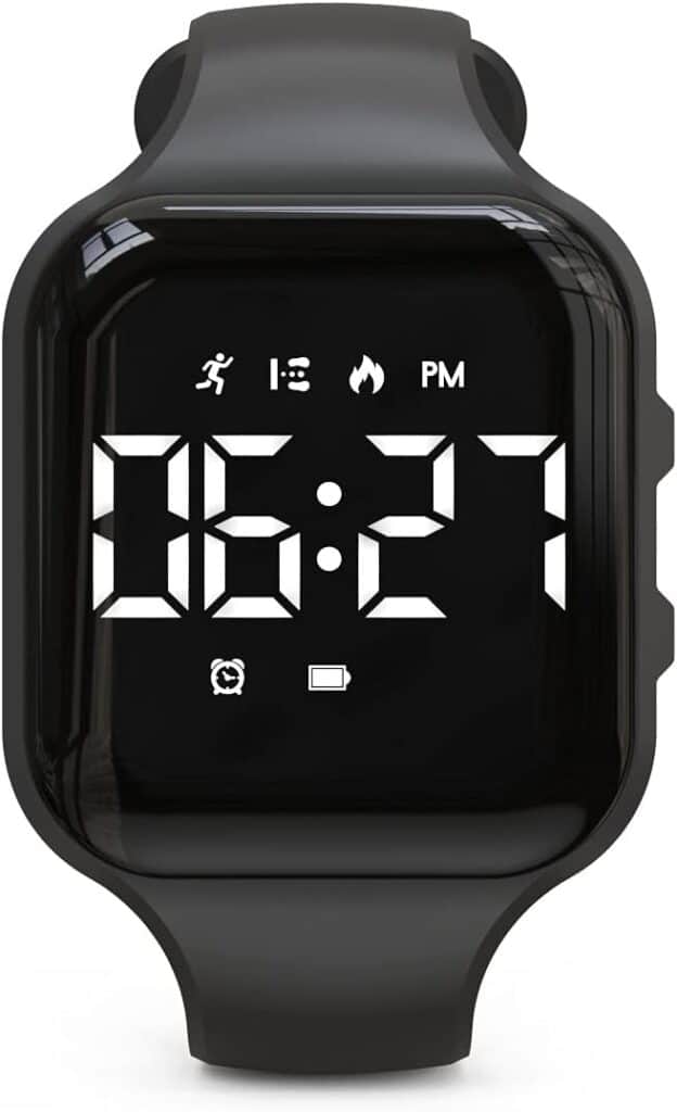 A smart digital watch with a black strap showing the time as 6:27 PM. The display includes icons for running, fire, alarm, and battery level.