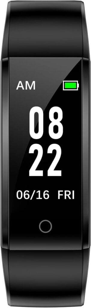 A black digital fitness watch displaying the time 08:22 AM, date 06/16, and day Friday, with a green battery icon indicating full charge.