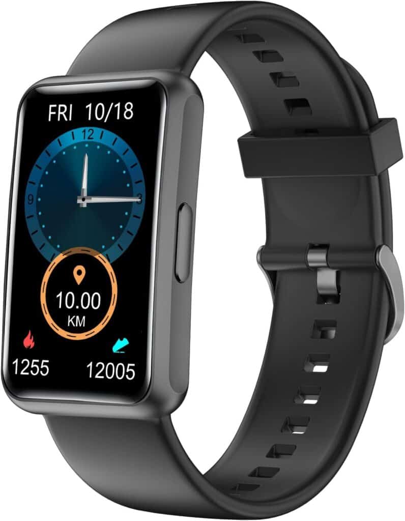 Smartwatch with a rectangular display showing date, time, step count, and distance. Black strap attached.