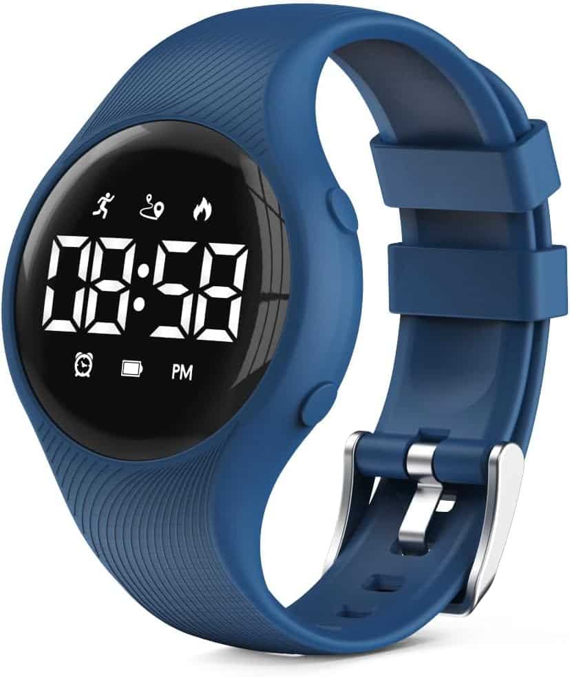 A blue digital smartwatch with a round face displays the time 08:58 PM. It has fitness icons on the screen and a textured band.