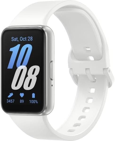 A white smartwatch with a rectangular display showing the date, time, steps, heart rate, and battery percentage.
