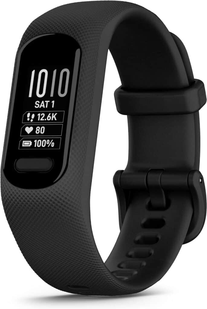 Black fitness tracker displaying time, date, steps, heart rate, and battery level.