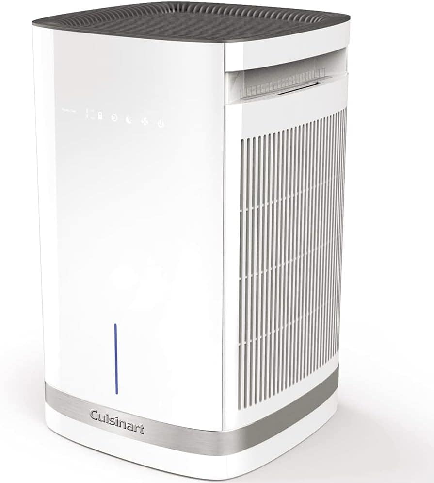 A white Cuisinart air purifier with a sleek design, featuring vertical vents and a control panel on top.