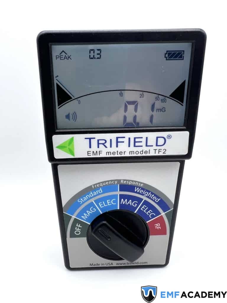 A Trifield EMF meter model TF2 displays readings on its digital screen, with a dial for selecting different modes.