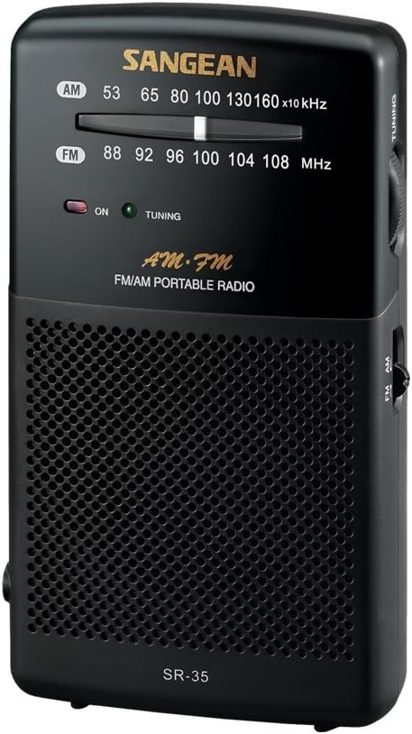 A black Sangean FM/AM portable radio with a tuning dial, frequency display, and speaker grille. Model SR-35 is visible at the bottom.