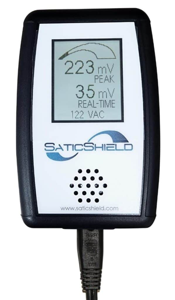 A Satic Shield energy meter displays readings: 223 mV peak, 35 mV real-time, and 122 VAC.