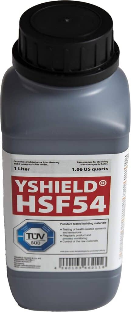 Gray bottle labeled YSHIELD HSF54, containing 1 liter. Used for shielding electromagnetic radiation. Contains TÜV SÜD certification mark. Black screw cap on top.