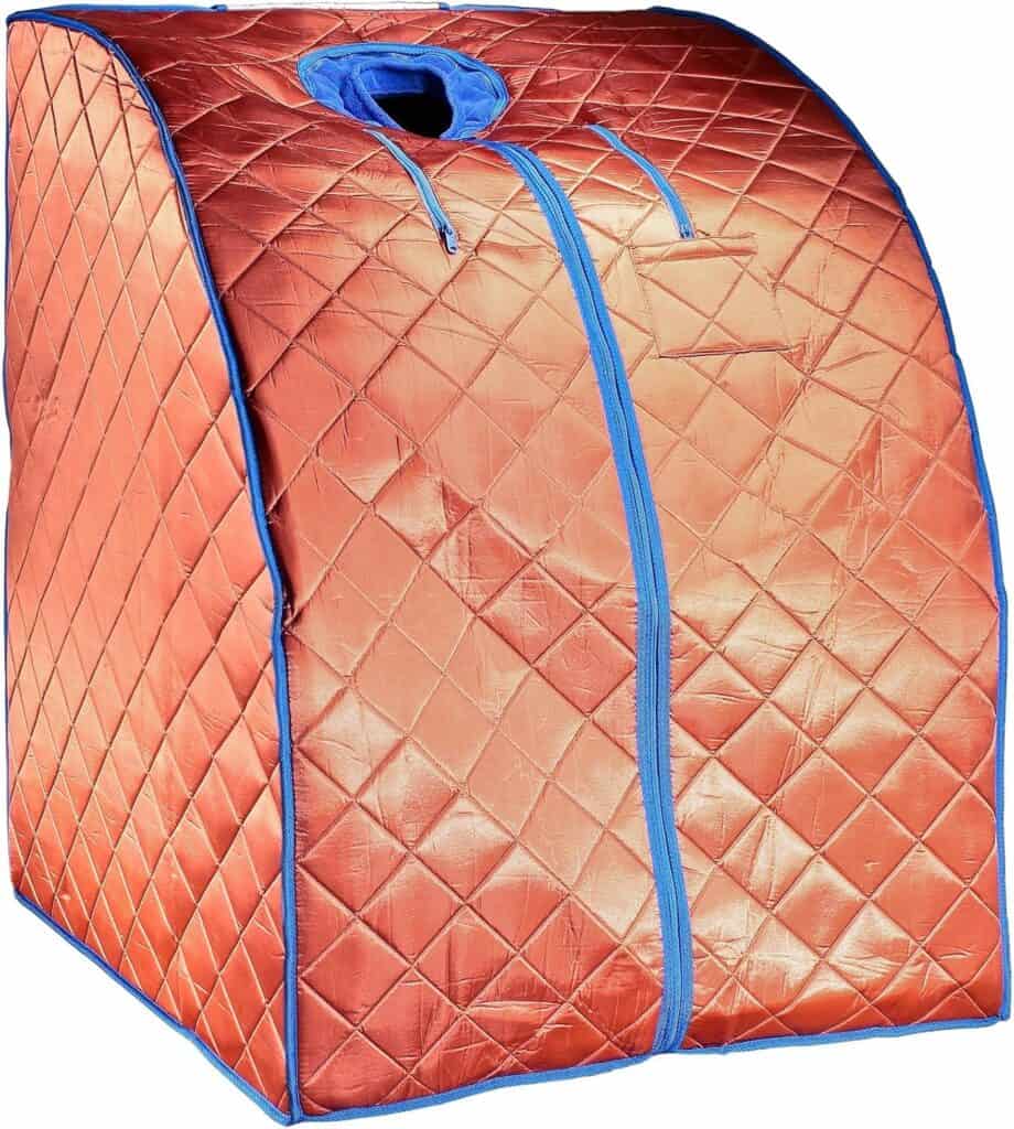 A portable sauna tent with a quilted orange exterior and blue trim, featuring a front zippered opening and a cutout hole on top.