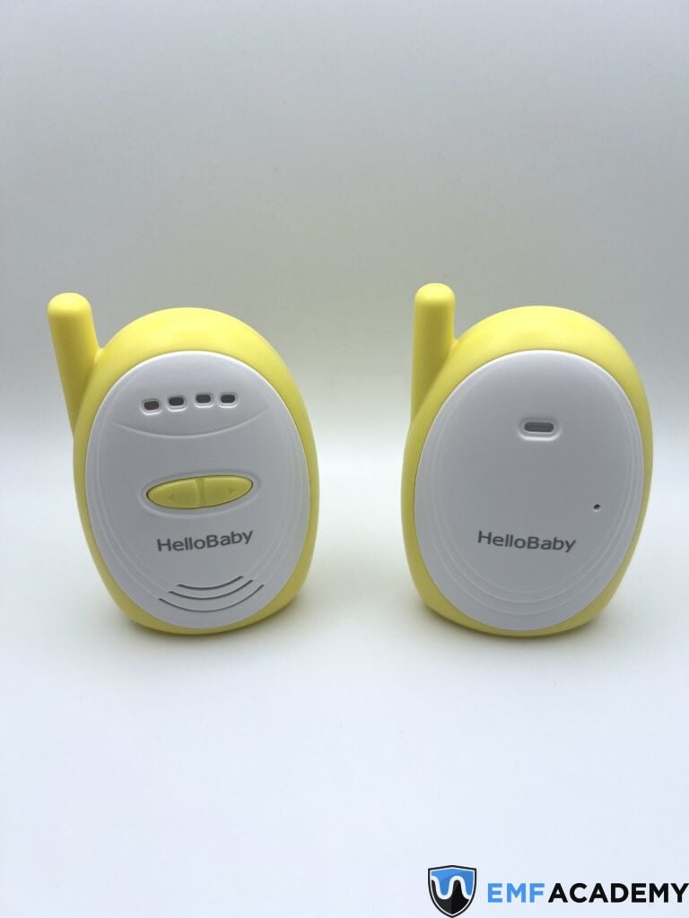 Two yellow and white HelloBaby baby monitors are placed side by side against a plain background.