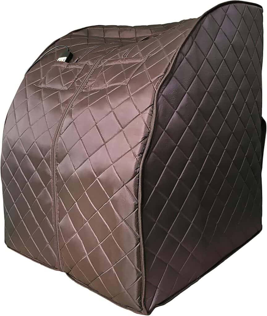 Brown quilted protective cover for a stand mixer, featuring a zippered front and handle on top.