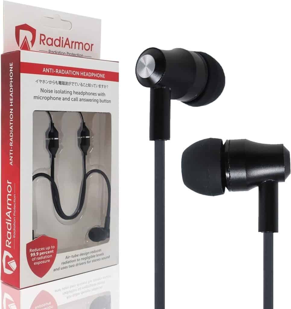 Black anti-radiation headphones with microphone next to product packaging labeled RadiArmor.