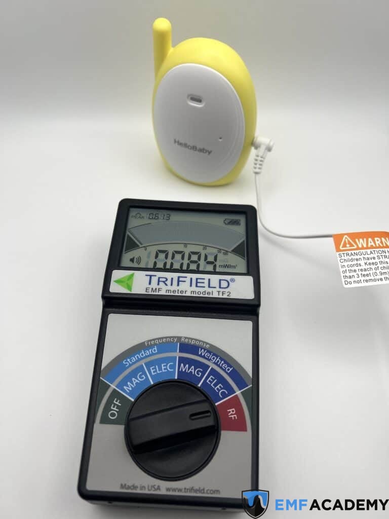 A trifield TF2 testing the EMF radiation from a HelloBaby baby monitor.