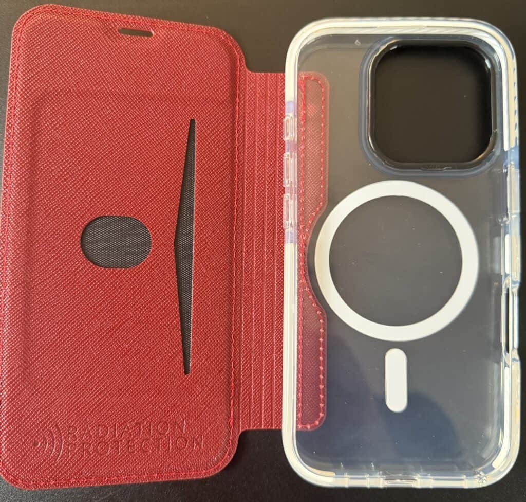 Red phone case with radiation protection inscription on the left, and a clear phone back cover with a circular design on the right, resting on a dark surface.