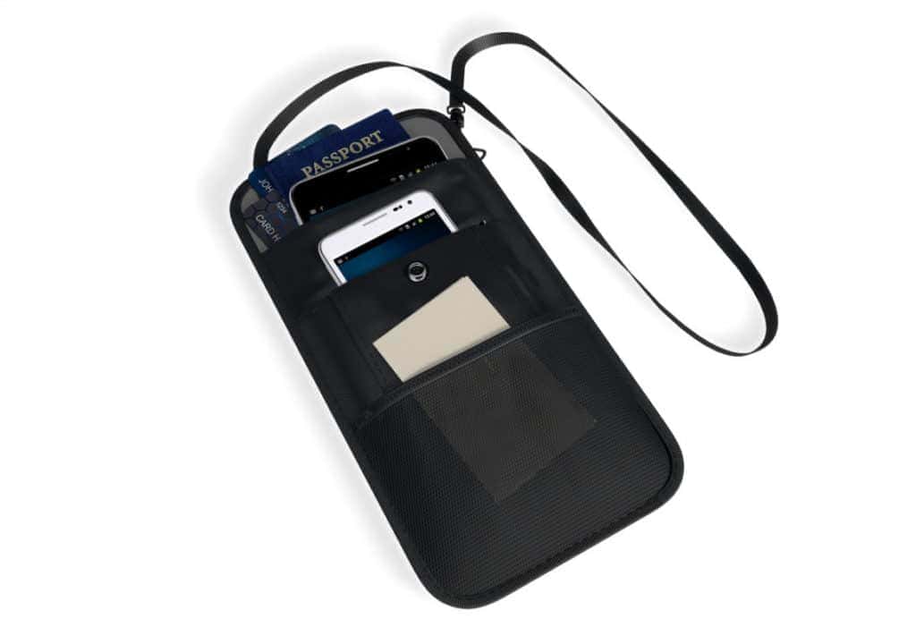 Black travel neck pouch holding a passport, two smartphones, and a card.