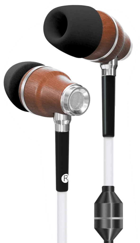71ec4F9drpL_AC_SL1500_ - EMF Academy A pair of in-ear wired earphones with wooden housings, black eartips, and a white cable featuring a black cylindrical attachment.
