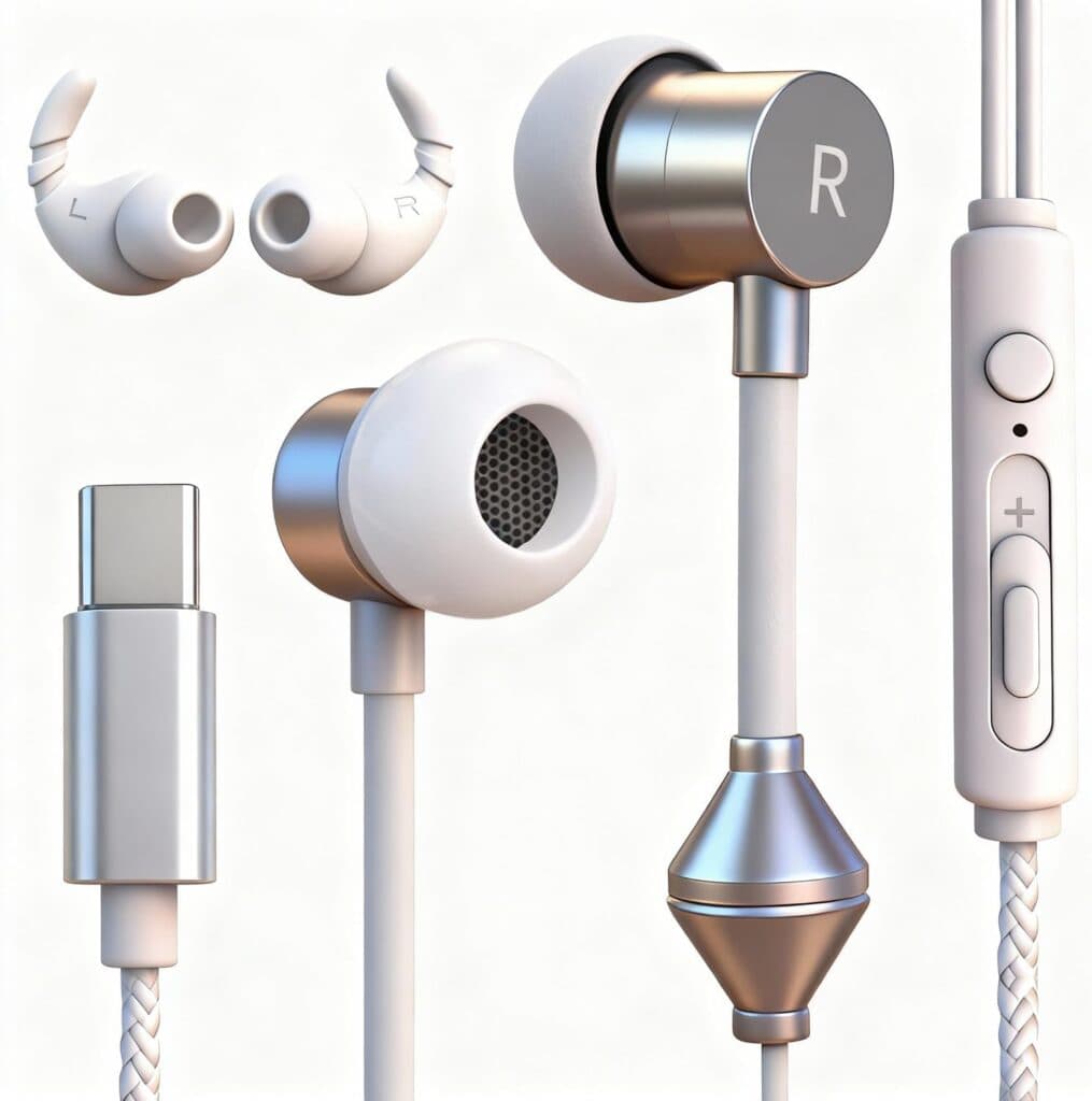 Airtube Headphones - EMF Academy Wired in-ear earbuds with a USB-C connector, silicone ear tips, inline volume and play controls, and white braided cable shown against a plain background.