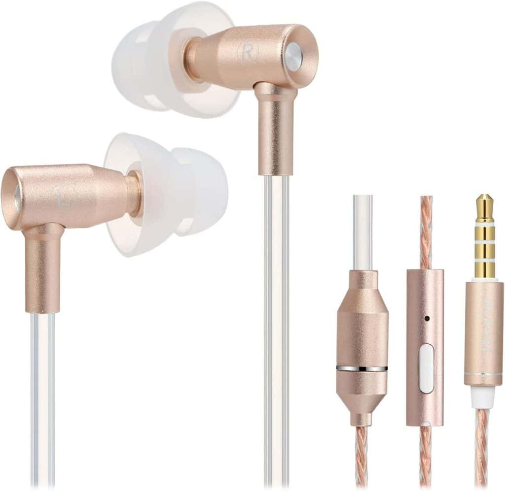 Rose gold wired earphones with in-ear silicone tips, inline microphone, control button, and 3.5mm audio jack.