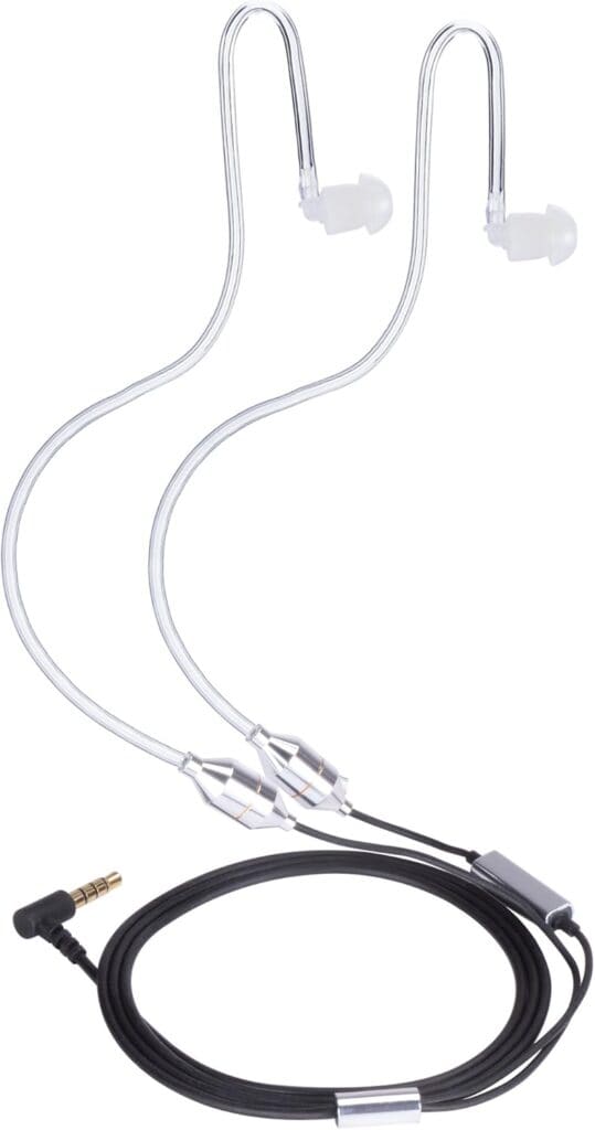 Clear in-ear audio tubes with silicone tips connected to a black coiled cable, ending in a right-angle 3.5mm jack.