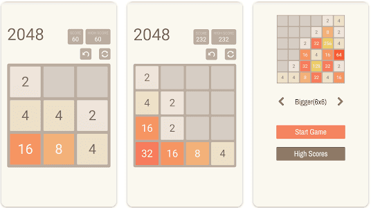 Screenshot of the 2048 game in three stages, showing different board sizes, tile values, and high scores on a beige background interface.