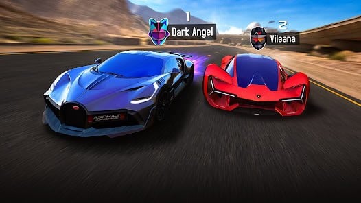 Two sports cars racing side by side on a highway in a video game, with player names Dark Angel and Vileana labeled above each car.