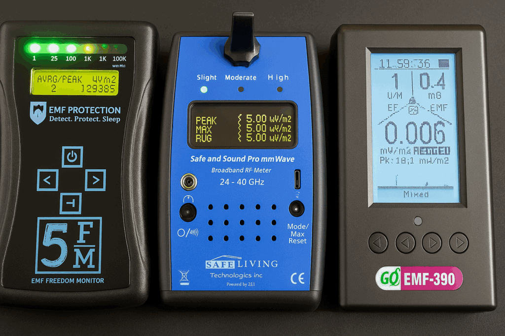 Three different electromagnetic field (EMF) meters are displayed side by side, each showing measurement readings on their digital screens.