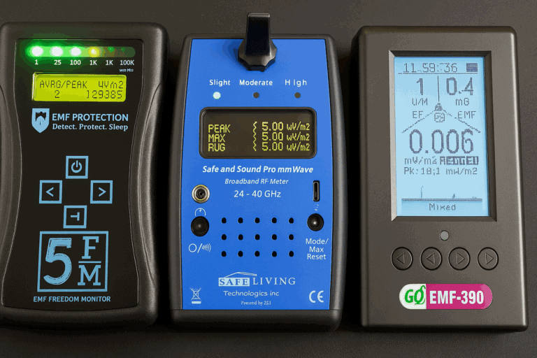 Three different electromagnetic field (EMF) meters are displayed side by side, each showing measurement readings on their digital screens.