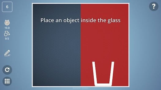 A split blue and red background with text that says Place an object inside the glass, above a white outline of a glass. Timer and icons are visible on the left side.