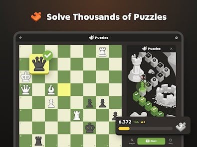 A digital chess puzzle interface showing a solved position, progress path, and a score of 6,372, with the text Solve Thousands of Puzzles at the top.