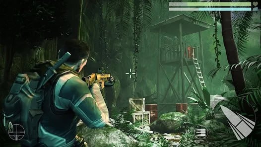 A third-person shooter game scene shows an armed character aiming at a guard in a jungle with a watchtower and crates. Game HUD elements are visible.