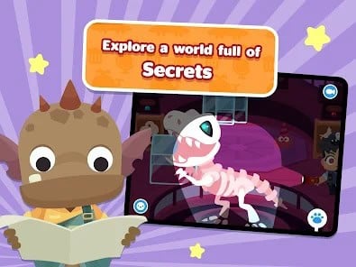 Cartoon character holding a map stands next to a screen showing a dinosaur skeleton puzzle; text above reads, Explore a world full of Secrets.