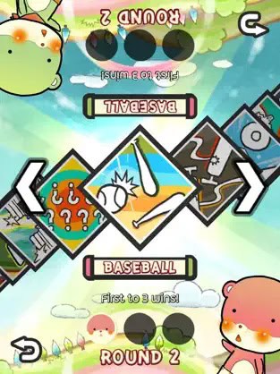 A colorful game screen shows a Baseball selection with cartoon animal characters, arrows for navigation, and text reading Round 2 and First to 3 wins! on a whimsical background.